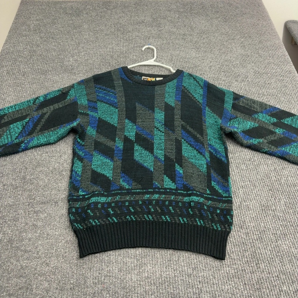 Vintage Classic Elegance Sweater Mens M Green Acrylic Geometric Crewneck Retro